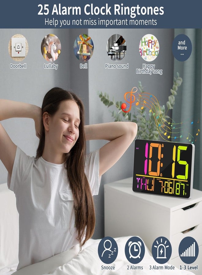 PERSUPER 13" Large Digital Wall Clock with Remote, RGB Color Changing, 25 Ringtones, 0-100% Auto/Custom Brightness, Temperature, Calendar, 12/24H, DST, Timer, for Living Room/Bedroom/Office/Elderly - Image 5